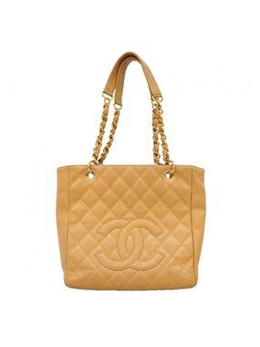 Chanel Chain Tote Quilted Caviar Leather Beige Gold